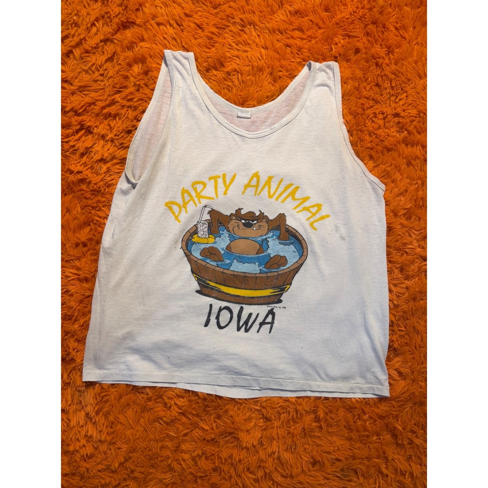 Vintage 1988 LooneyTunes Taz Party Animal Iowa Tank Top White Mens Single Stitch